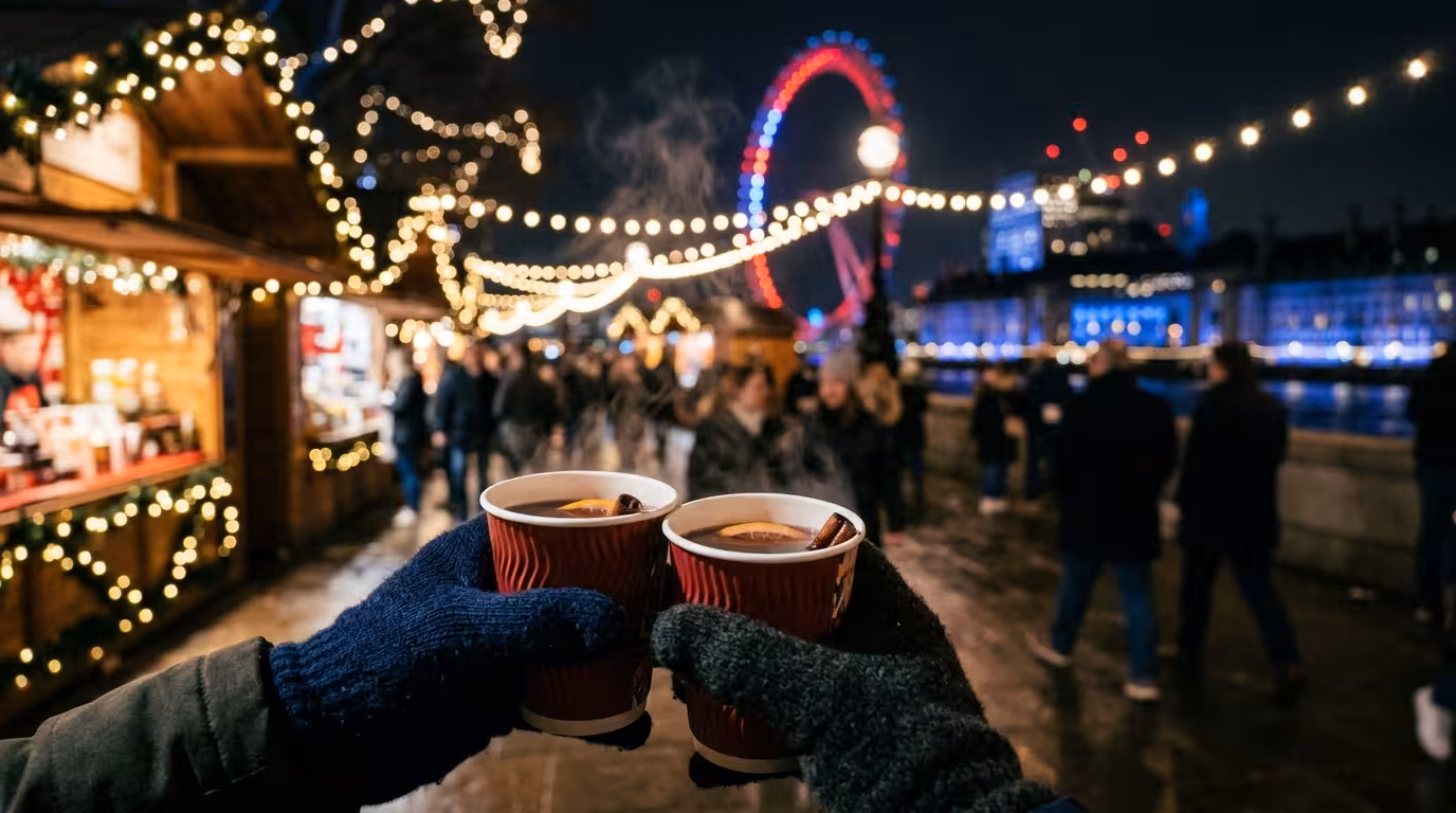 Two cups of mulled wine held in gloved hands at a festive winter market on London's South Bank at night