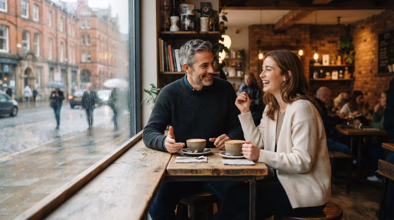 Two coffees on a window counter with rain outside as a man and a young woman talk in a Manchester coffee bar