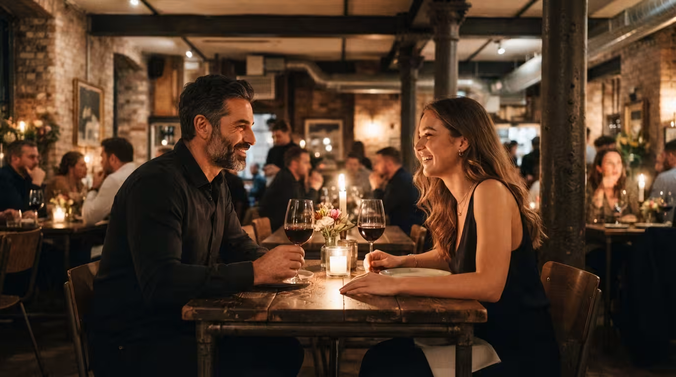 Man and young woman at a candlelit dinner with red wine inside a converted brick mill in Manchester