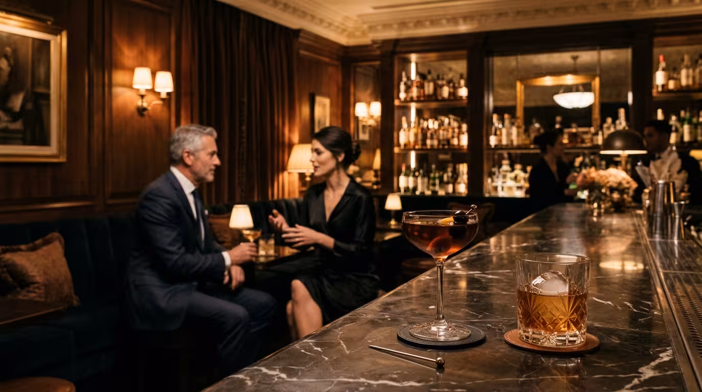 Elegant quiet hotel cocktail bar in Mayfair with warm low lighting and two cocktail glasses on the counter