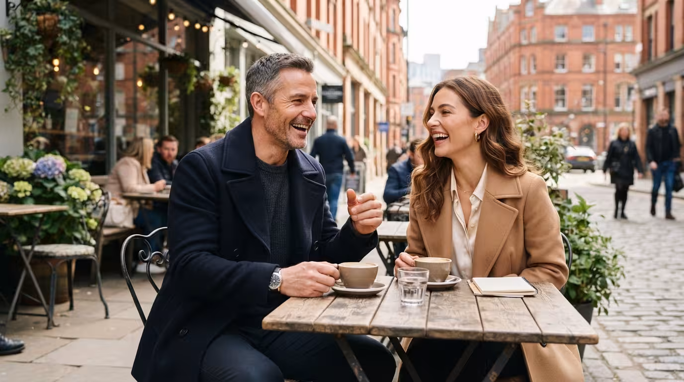 Man and young woman laughing at a Manchester café terrace in the first bright spring sunshine