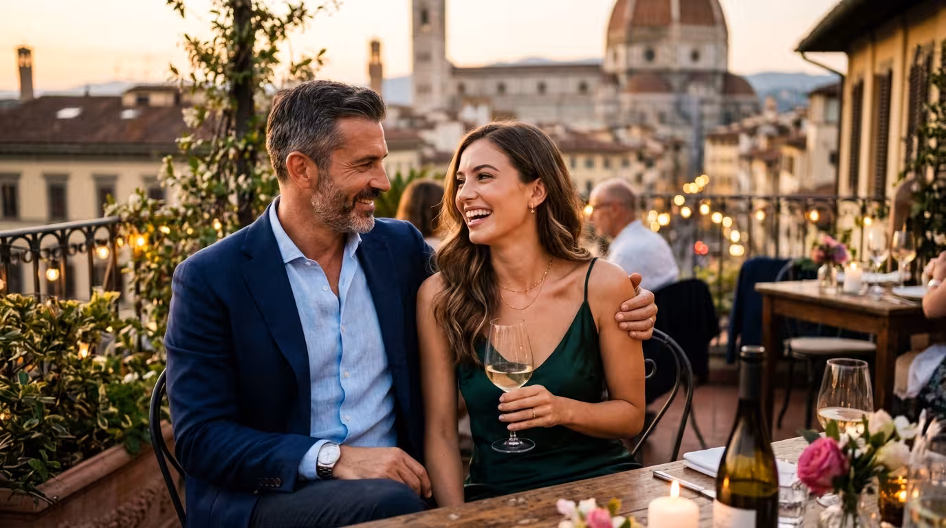 Uomo e giovane donna insieme all’aperto in una piazza del centro di Roma