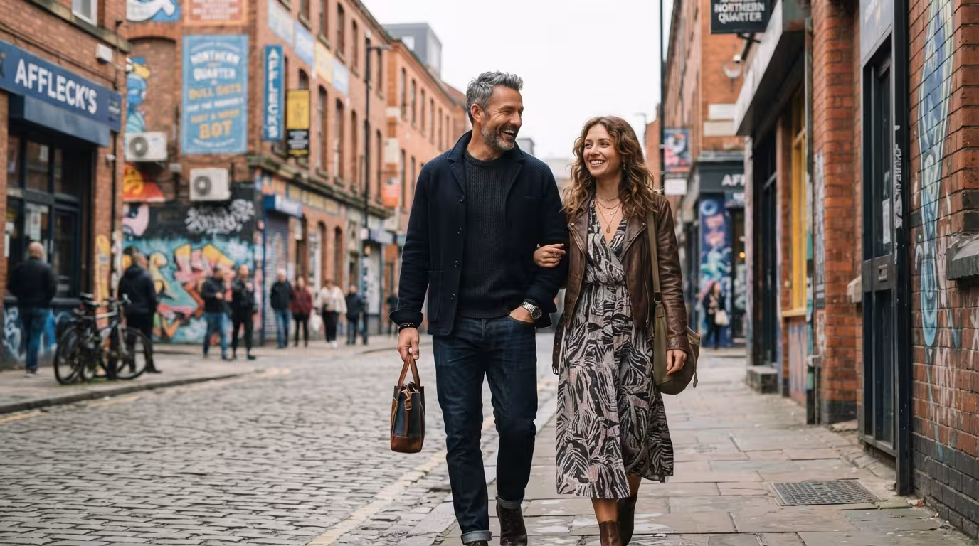 Man and young woman walking past red-brick buildings and painted signs in Manchester's Northern Quarter