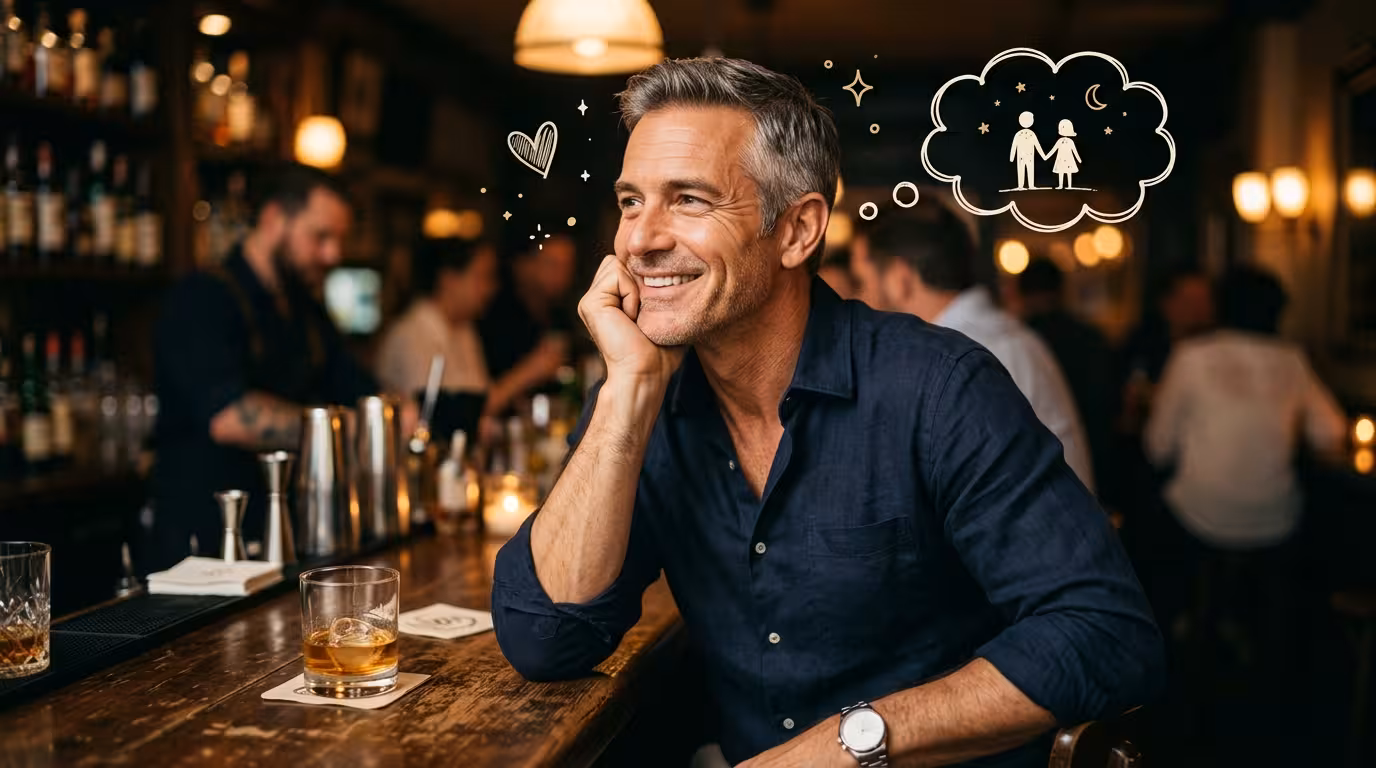 A well-groomed mature man lost in a lovestruck daydream at his desk, small hearts floating above