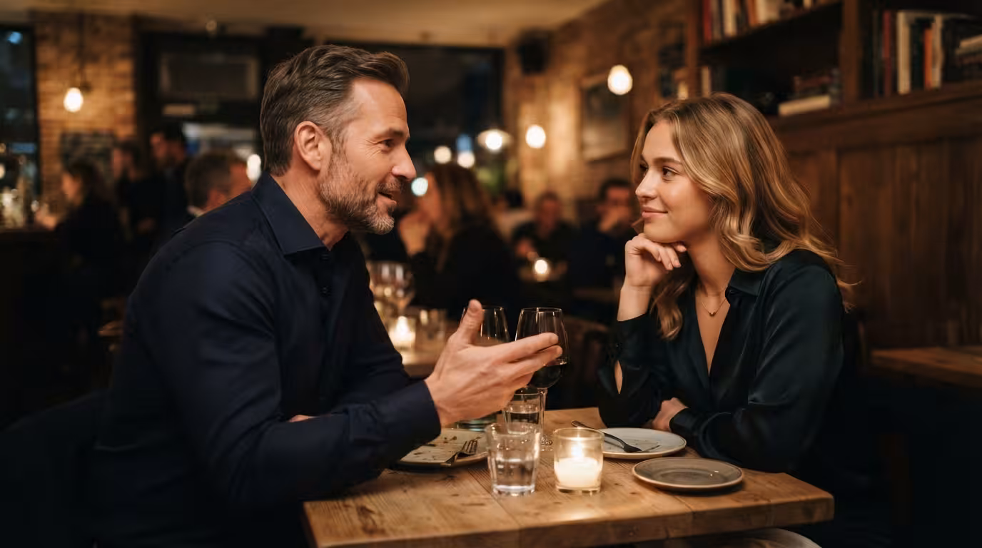 A mature man opening up in conversation while a young woman listens with warm, unhurried attention