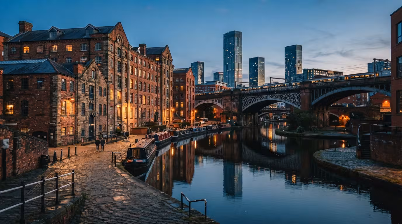 Castlefield canal basin in Manchester at dusk with mill brick and modern towers reflected in the water