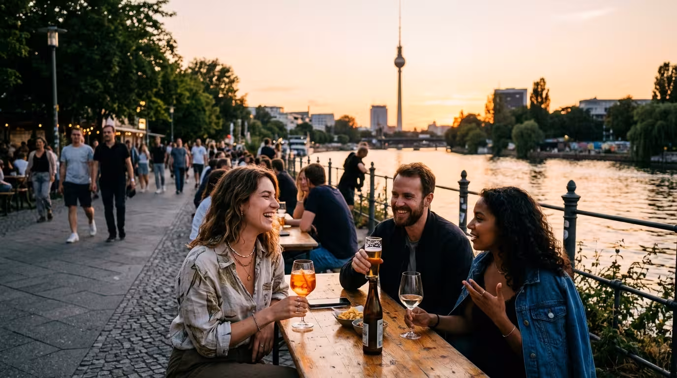 Menschen bei Feierabendgetränken am Spreeufer in Berlin im Abendlicht
