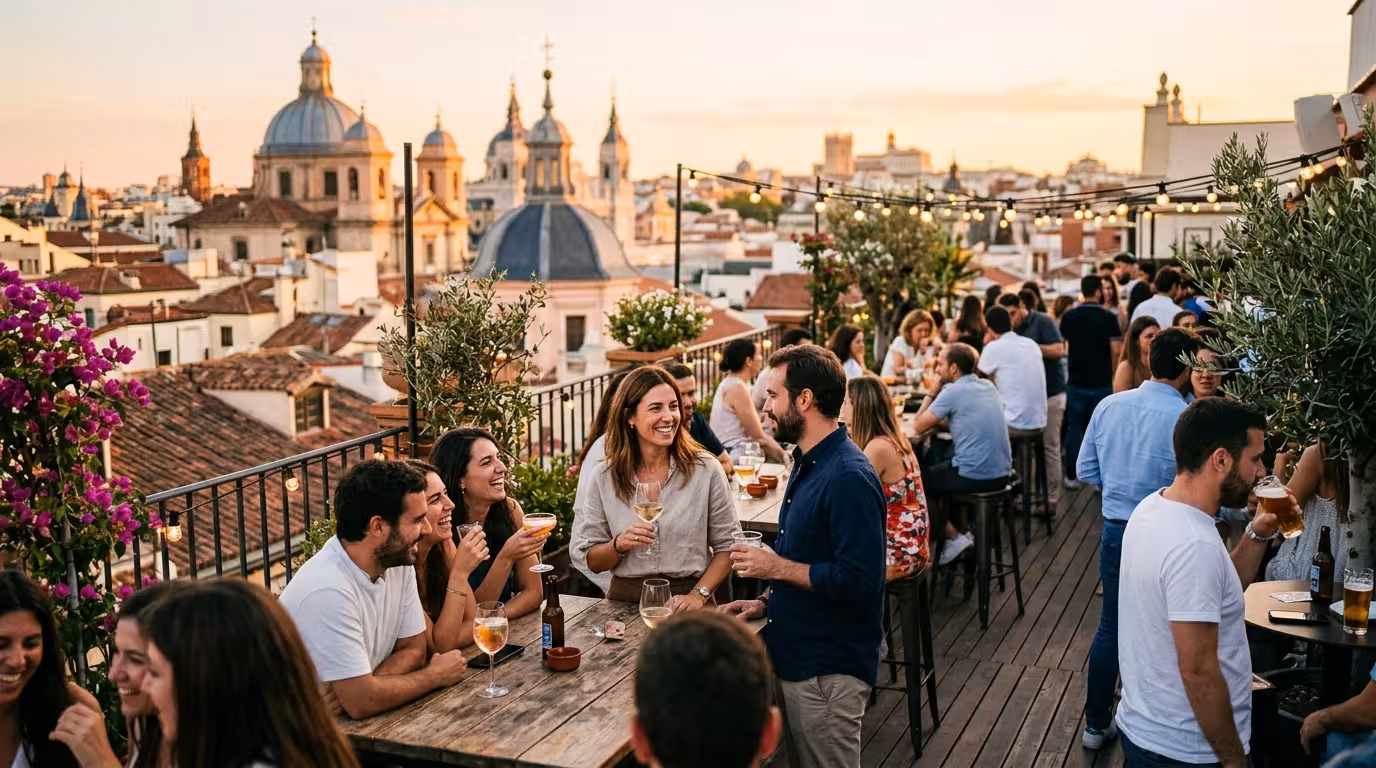 Gente tomando algo al atardecer en una azotea del centro de Madrid