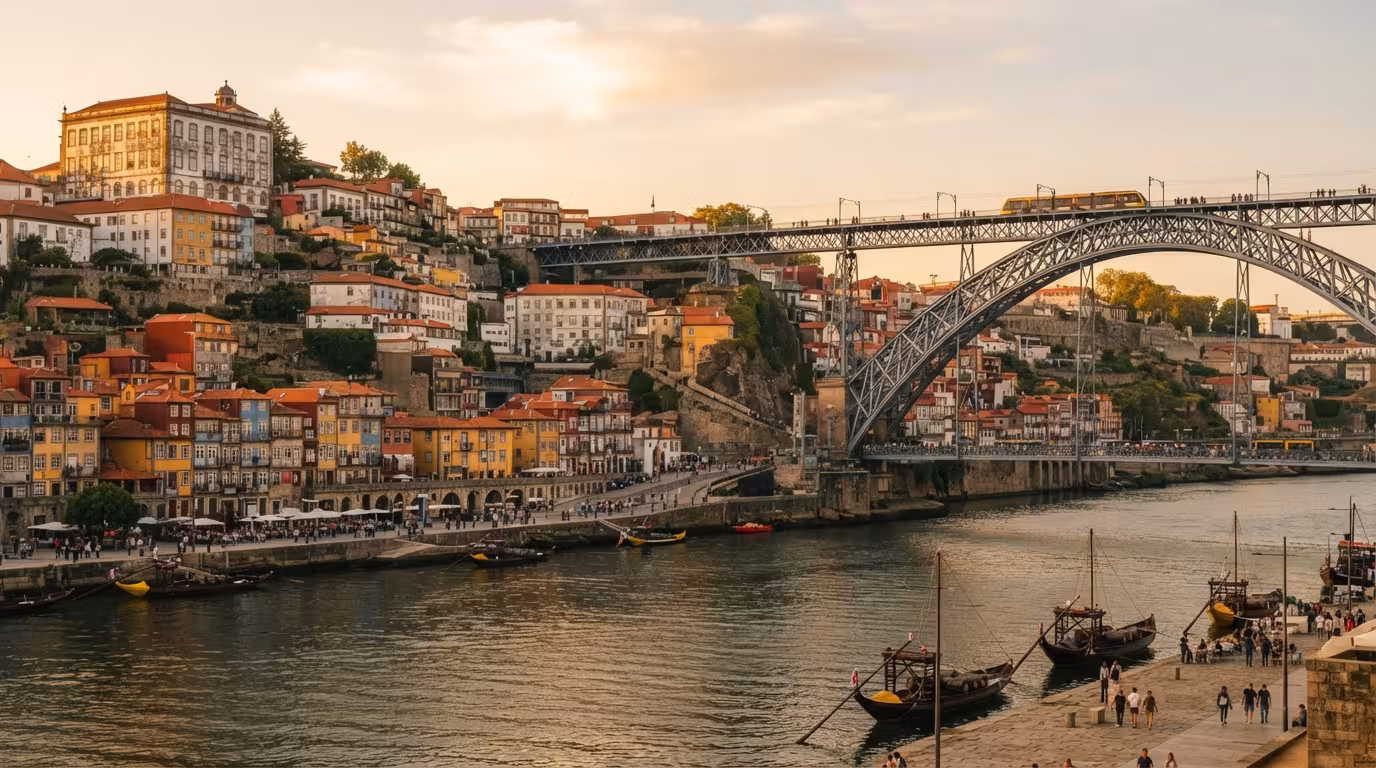 Ribeira do Porto e a ponte sobre o Douro ao fim do dia