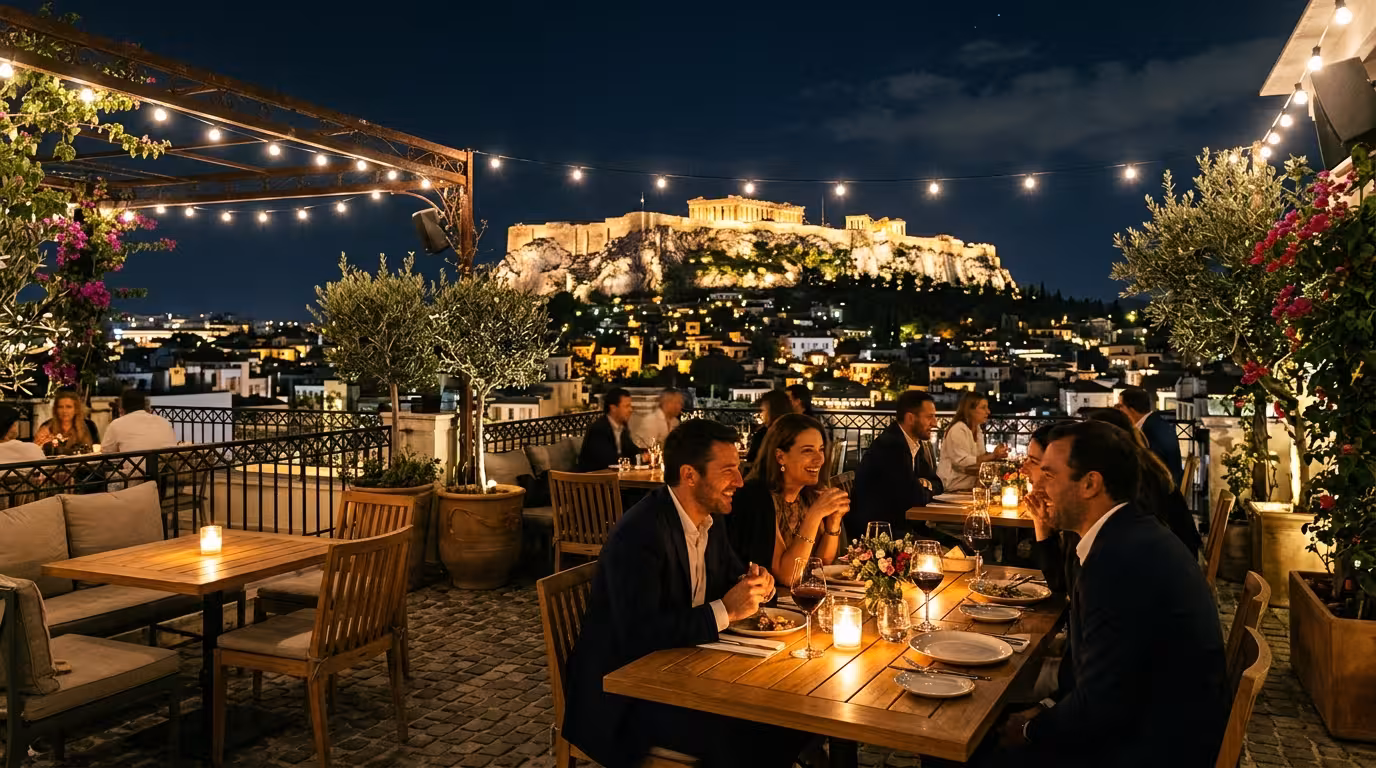 Ταράτσα τη νύχτα στην Αθήνα με φόντο τη φωτισμένη Ακρόπολη