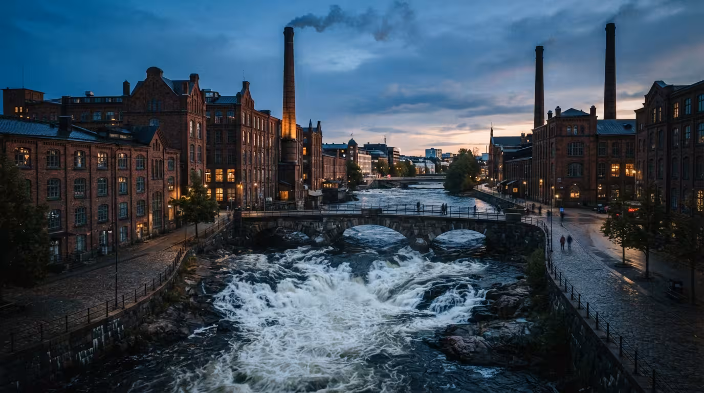 Tammerkoski virtaa punatiilisten tehtaiden välissä iltavalossa