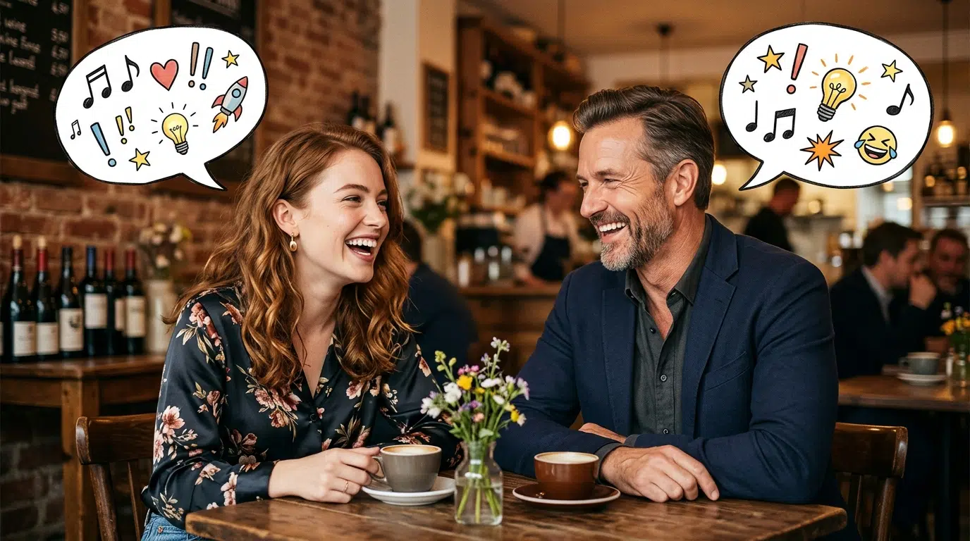 A couple laughing together in brilliant conversation, comic speech bubbles floating above them
