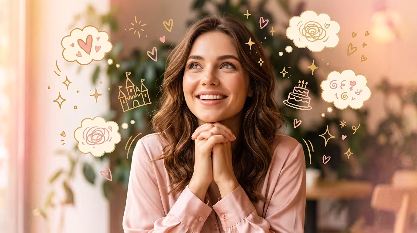 A young woman with a dreamy smitten expression surrounded by floating hearts, sparkles and fairytale doodles