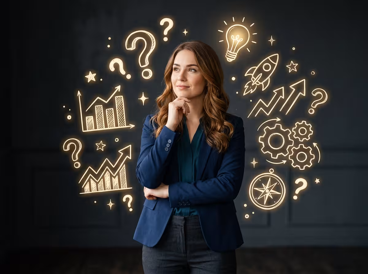 A confident young woman thinking through her options, with lightbulbs, question marks and rising charts floating behind her