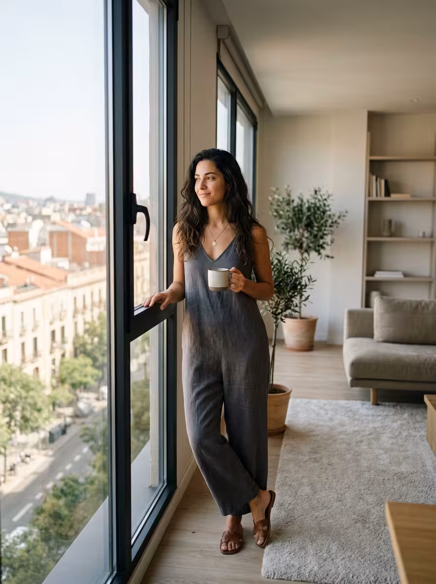 A self-assured young woman with a coffee by a bright window, calm and in control of her own life