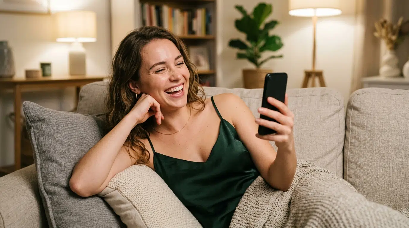 A young woman laughing warmly during a video call, completely at ease