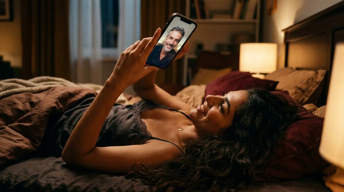 A young woman on a relaxed, flirty video call with a man visible on her phone screen