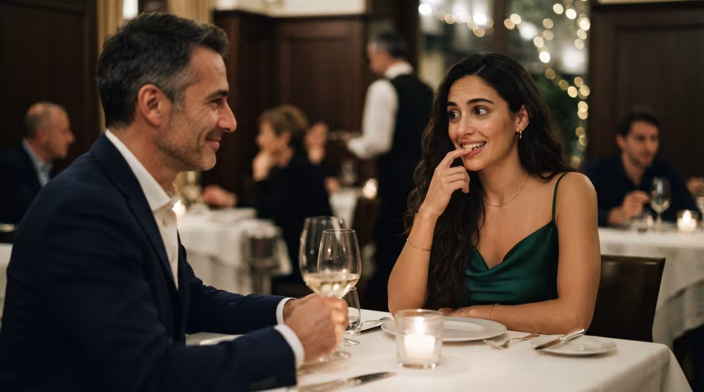 A young woman at an elegant restaurant table caught the instant after saying the wrong thing, fingertips to her lips