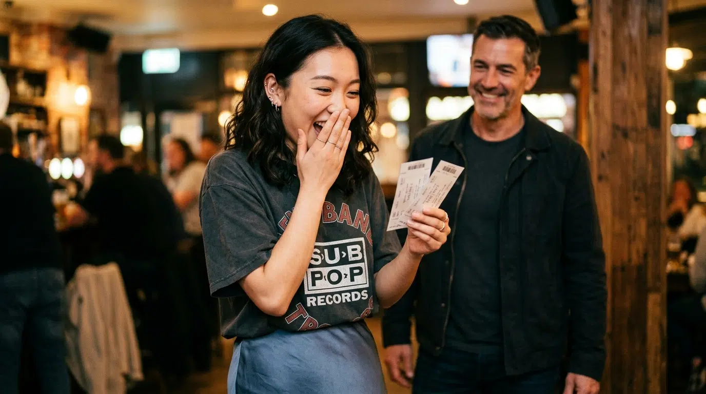 A Gen Z young woman lighting up with joy as she holds concert tickets