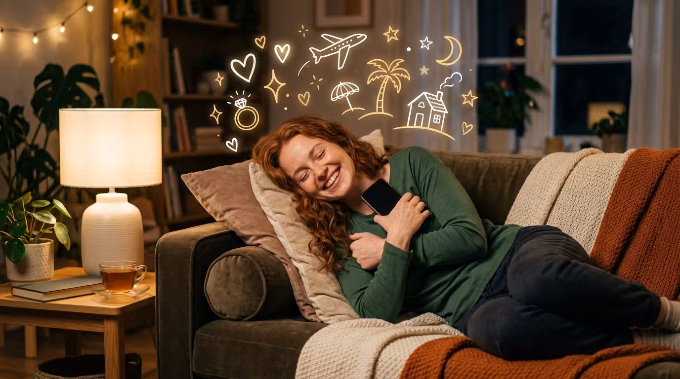 A young woman hugging her phone with a dreamy grin, imagining a whole fairytale from one message