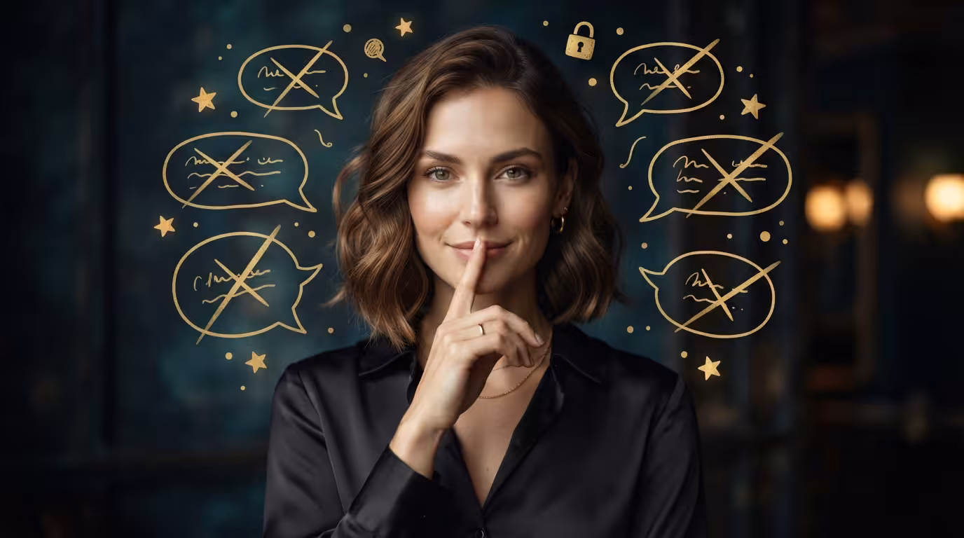 A poised young woman with a knowing smile, surrounded by crossed-out speech bubbles