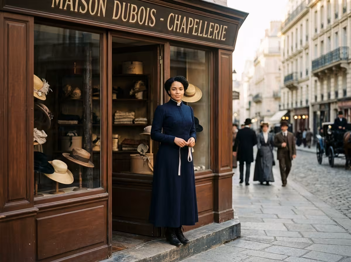 A young woman entrepreneur in 1910s Parisian style standing proudly at the doorway of her small hat shop