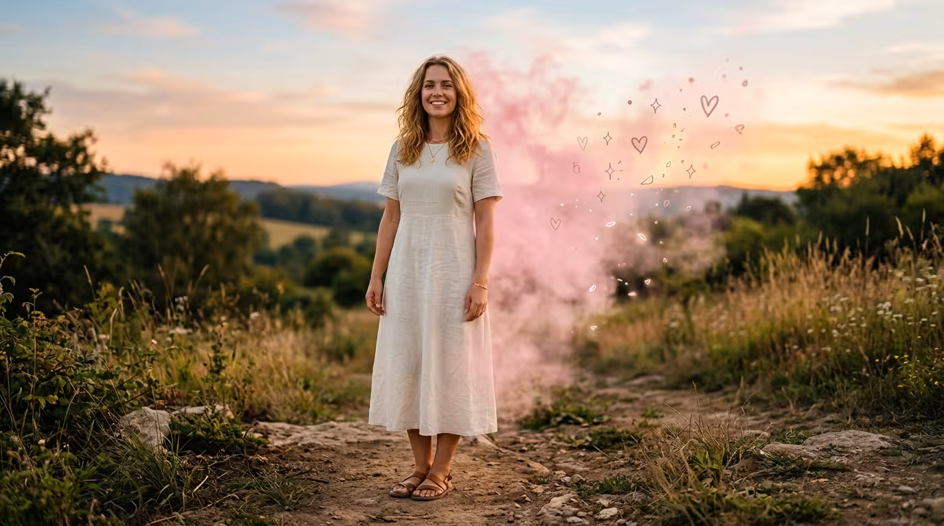 A serene confident young woman standing grounded as a dreamy pink cloud dissolves softly behind her