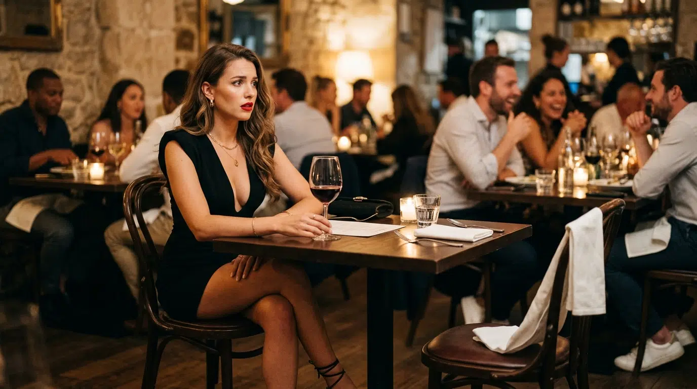 A glamorous young woman sitting alone at a restaurant table, puzzled by the empty seat across from her