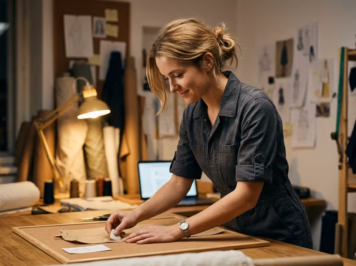 A determined young woman working late in her own creative studio, building something of her own