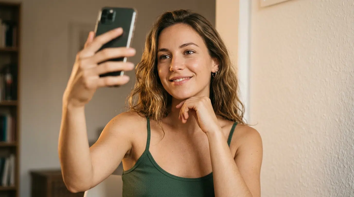 A young woman holding her smartphone and looking into the camera lens on a video call