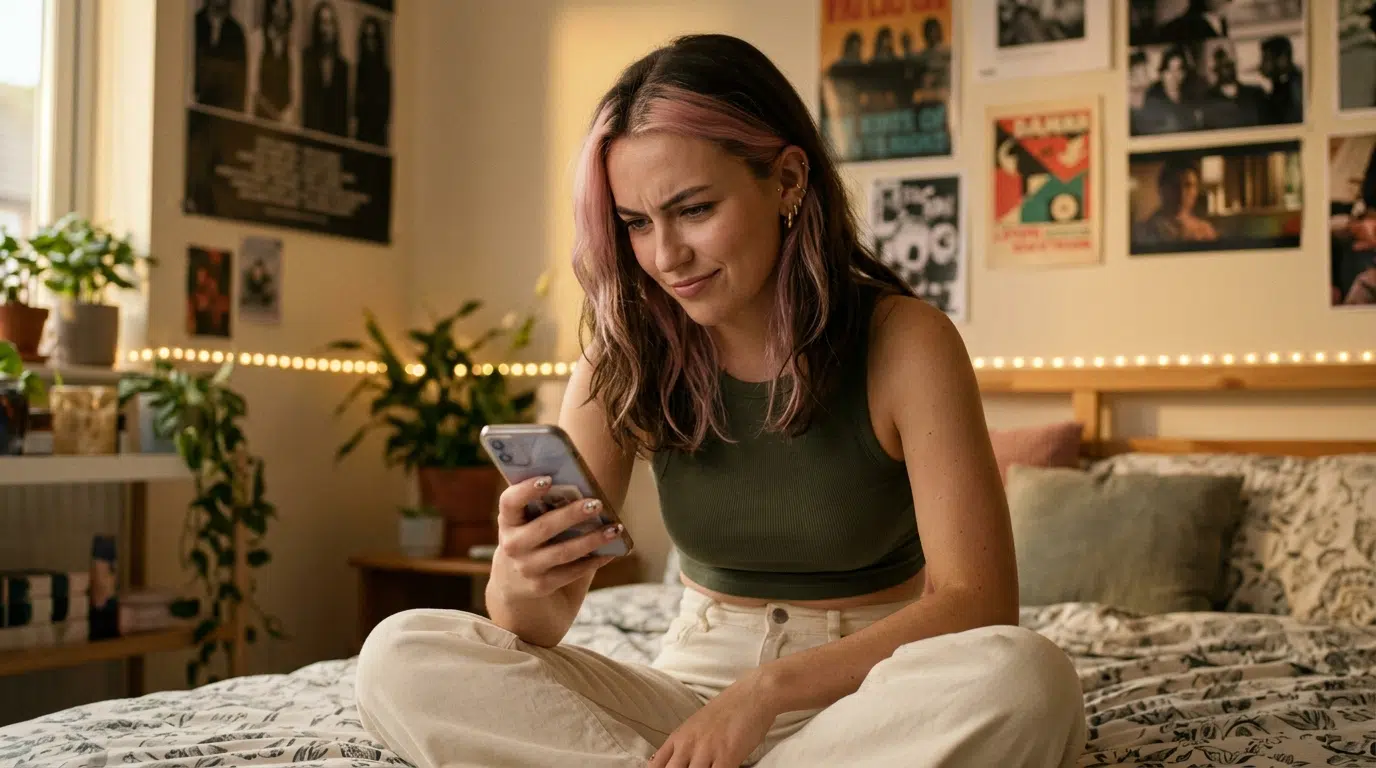 A Gen Z young woman looking at her phone with a knowing, unimpressed expression
