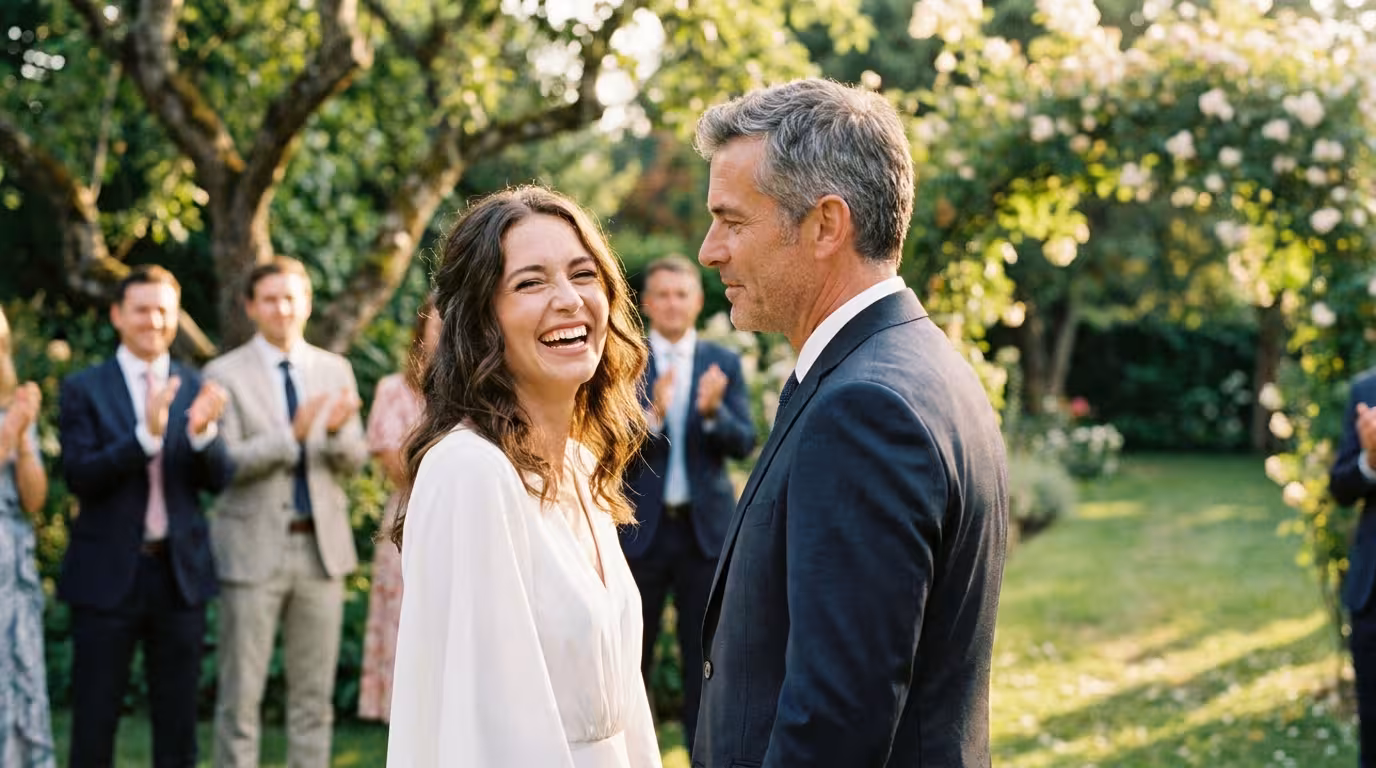 A radiant young bride laughing with her distinguished older groom at an intimate garden wedding