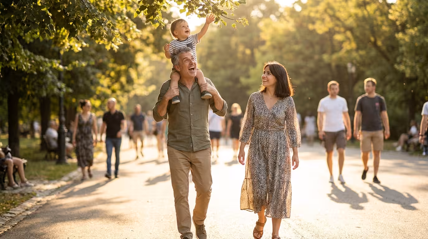 A joyful father around fifty with a toddler on his shoulders, walking through a sunny park with the young mother
