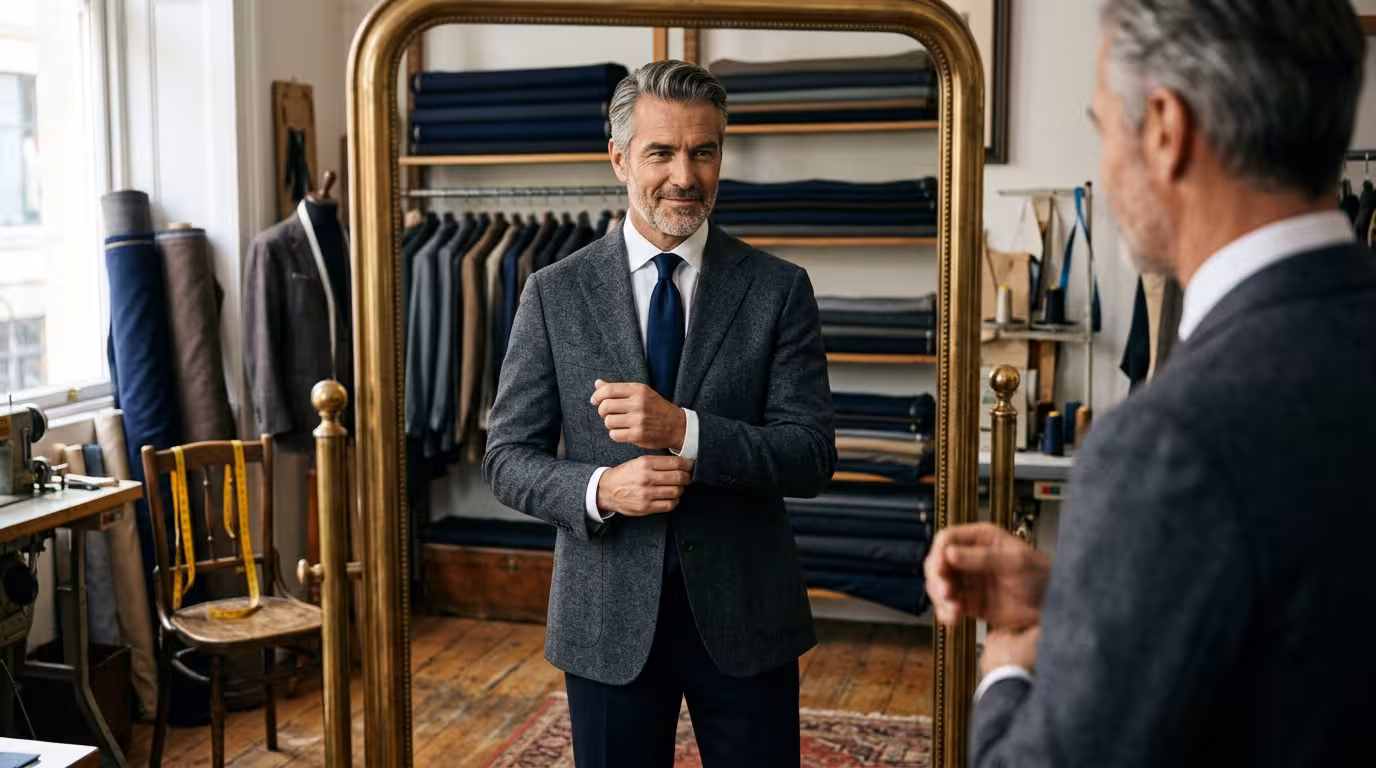 A confident man around fifty adjusting the cuff of a perfectly tailored blazer in front of a tailor's mirror