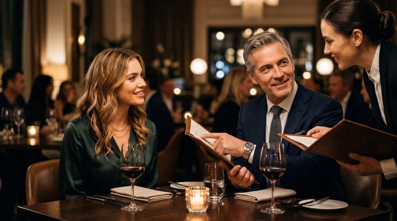 A relaxed mature man exchanging an easy word with the sommelier while his young companion watches, quietly impressed