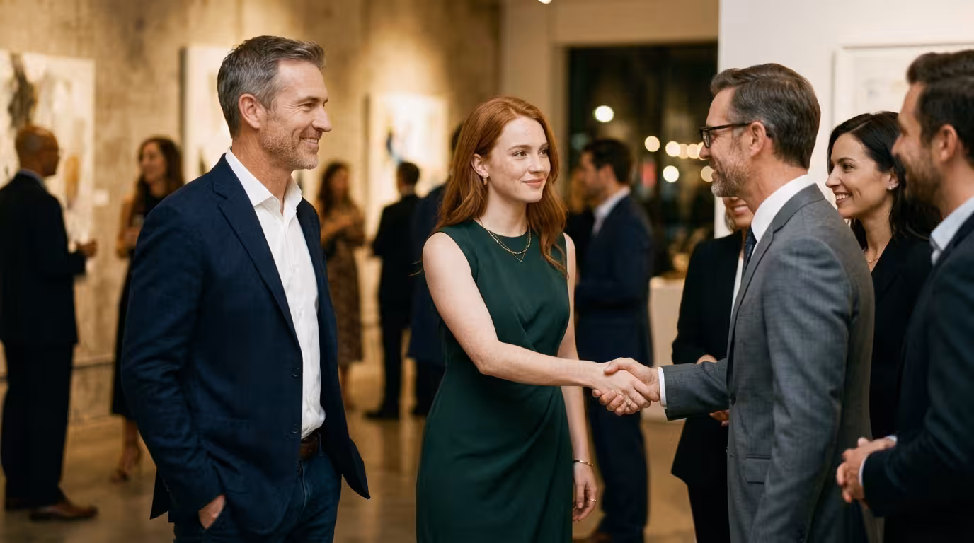 A mature man warmly introducing a confident young woman to a group at an elegant gallery event