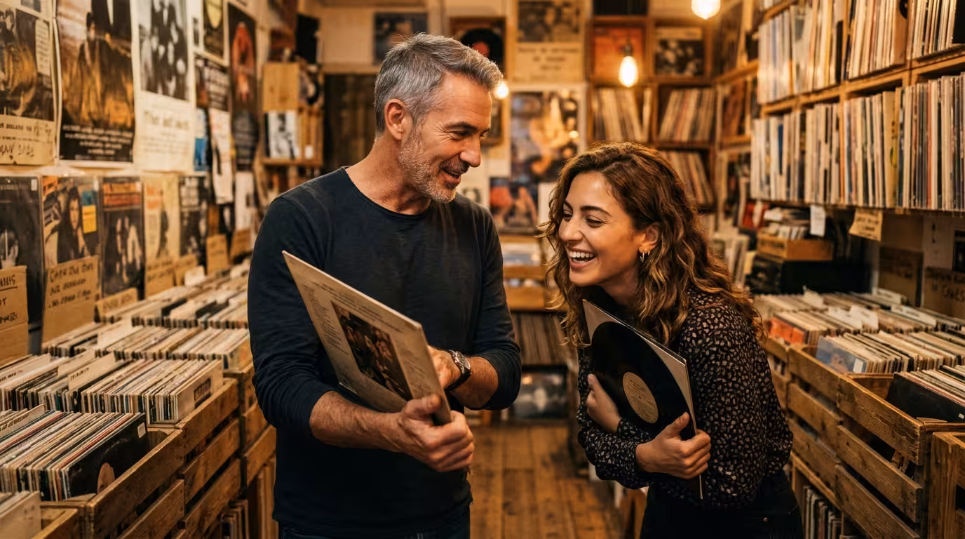 A mature man passionately showing a vinyl record to a fascinated young woman in a small record shop