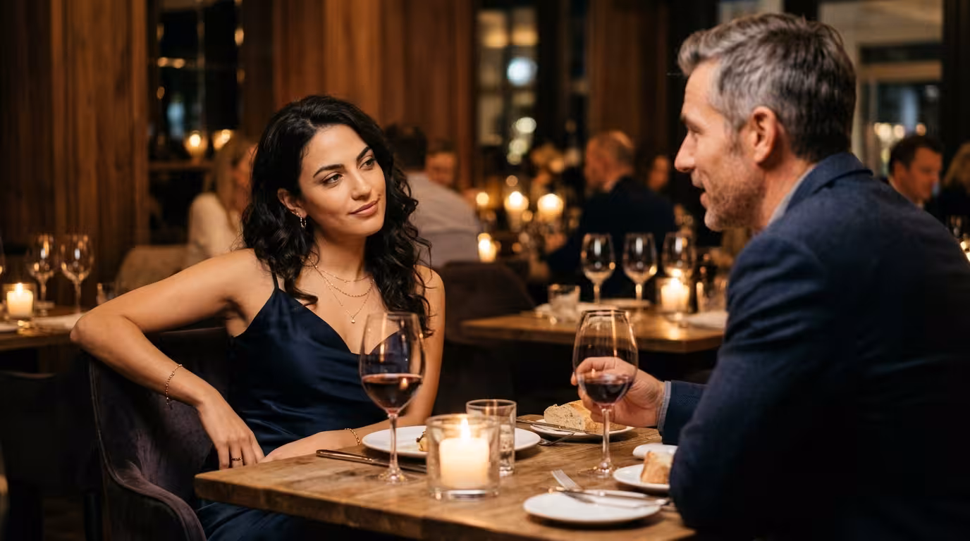 A composed young woman sitting back with a calm evaluating smile while her date leans in