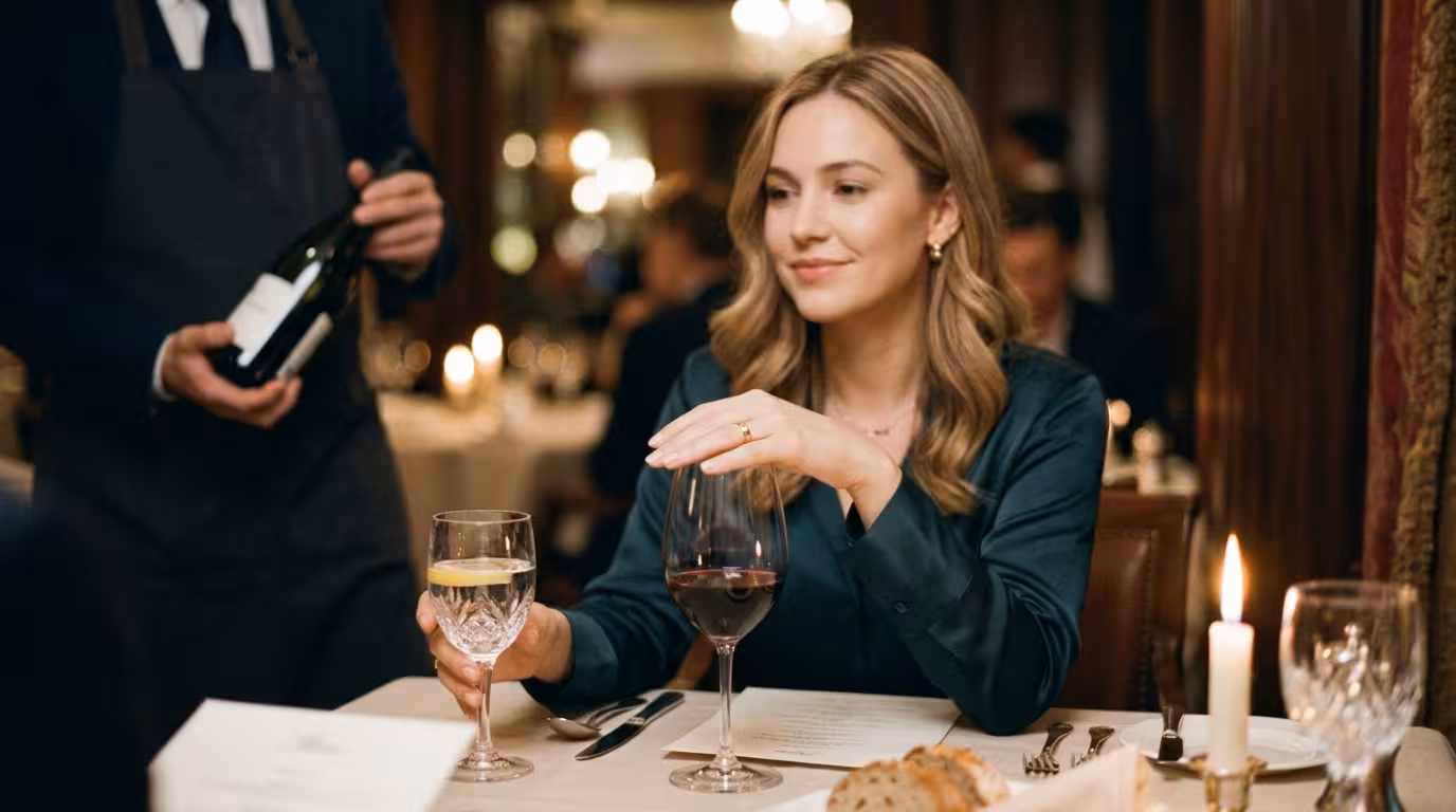 A young woman gracefully placing her hand over her wine glass and reaching for the water