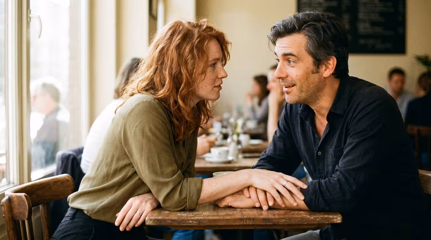 A young woman resting her hand on a mature man's hand across a café table, saying something quiet and important