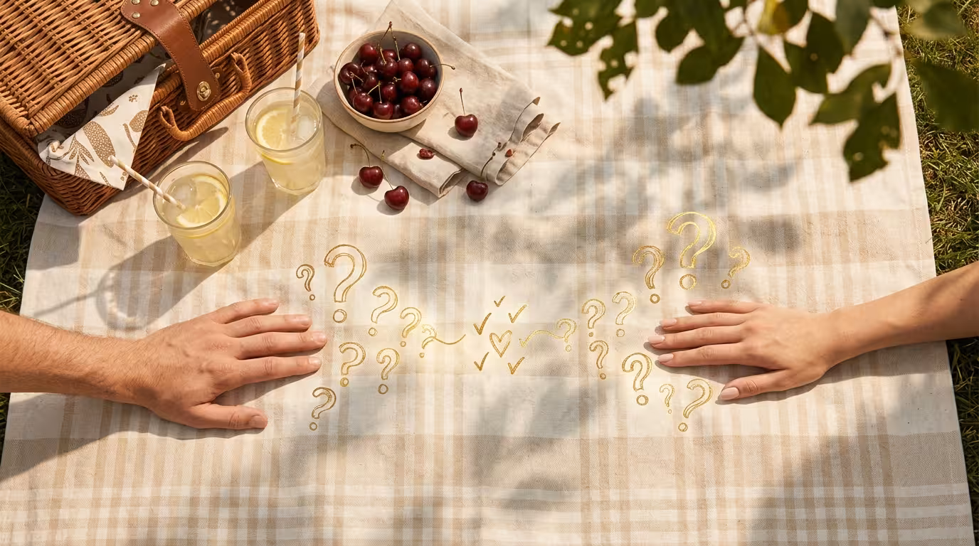 Overhead view of a picnic blanket with two hands almost touching, golden question marks resolving into check marks between them
