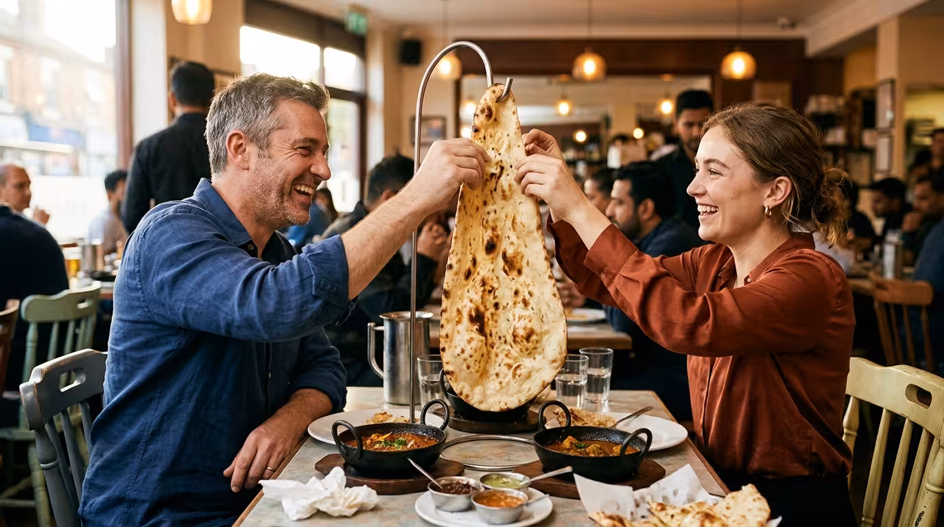 Man and young woman sharing a large table naan at a balti restaurant in Birmingham