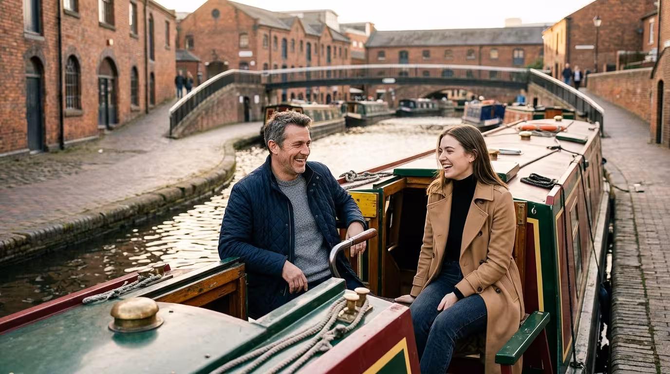 Man and young woman on a narrowboat moored at Gas Street Basin on a Birmingham canal