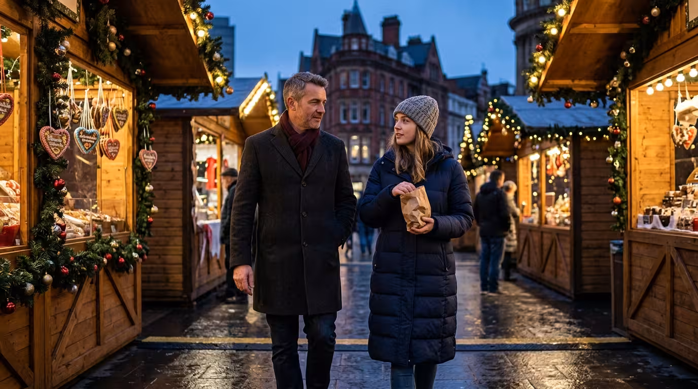 Man and young woman among Christmas market stalls with gingerbread hearts and fairy lights in Birmingham