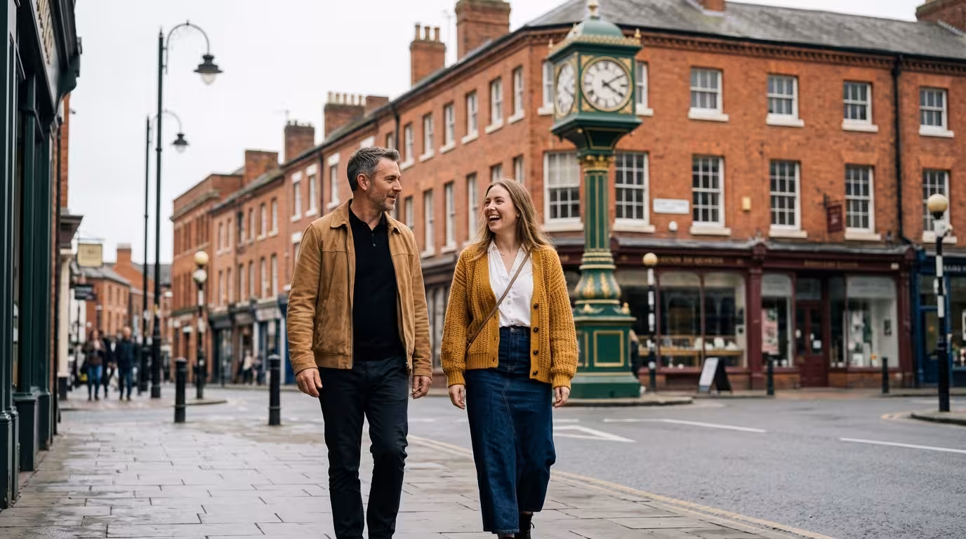Man and young woman walking past the Chamberlain Clock in Birmingham's Jewellery Quarter
