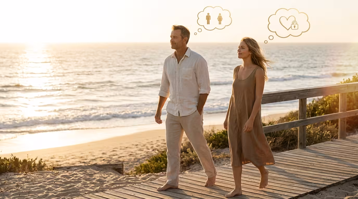 A couple walking side by side on a beach at golden hour, each with a different thought bubble above their head