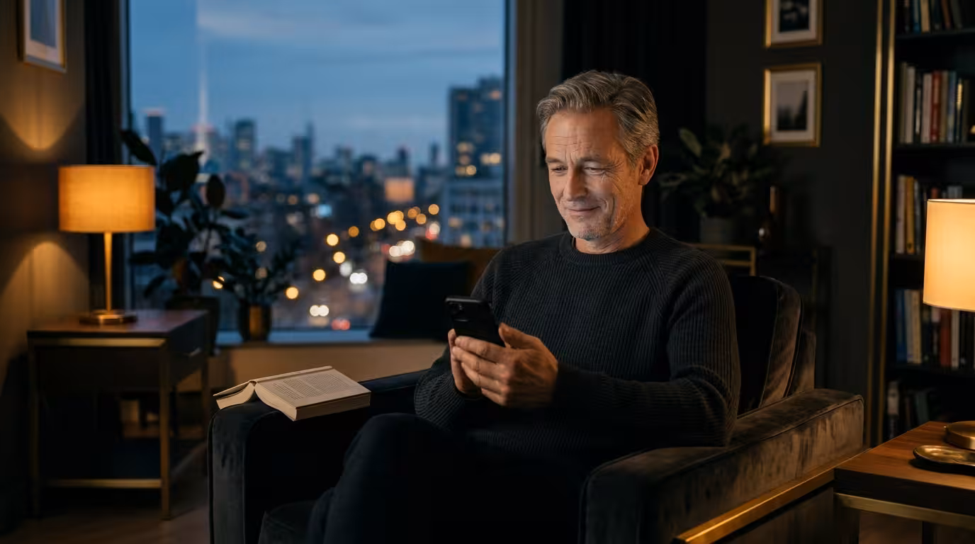 A mature man in an armchair watching a video on his smartphone in a city apartment at dusk