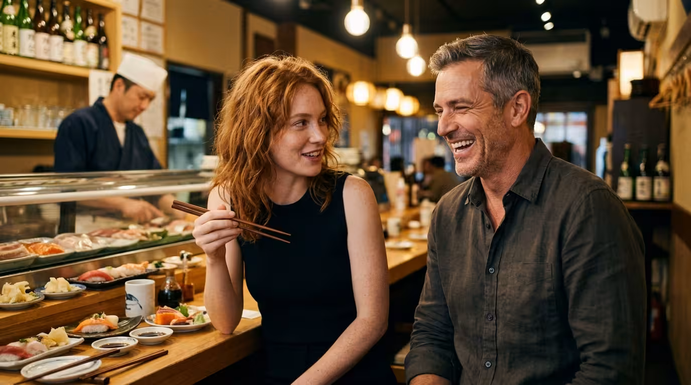 A young woman asking something playful at a sushi counter while a mature man bursts out laughing