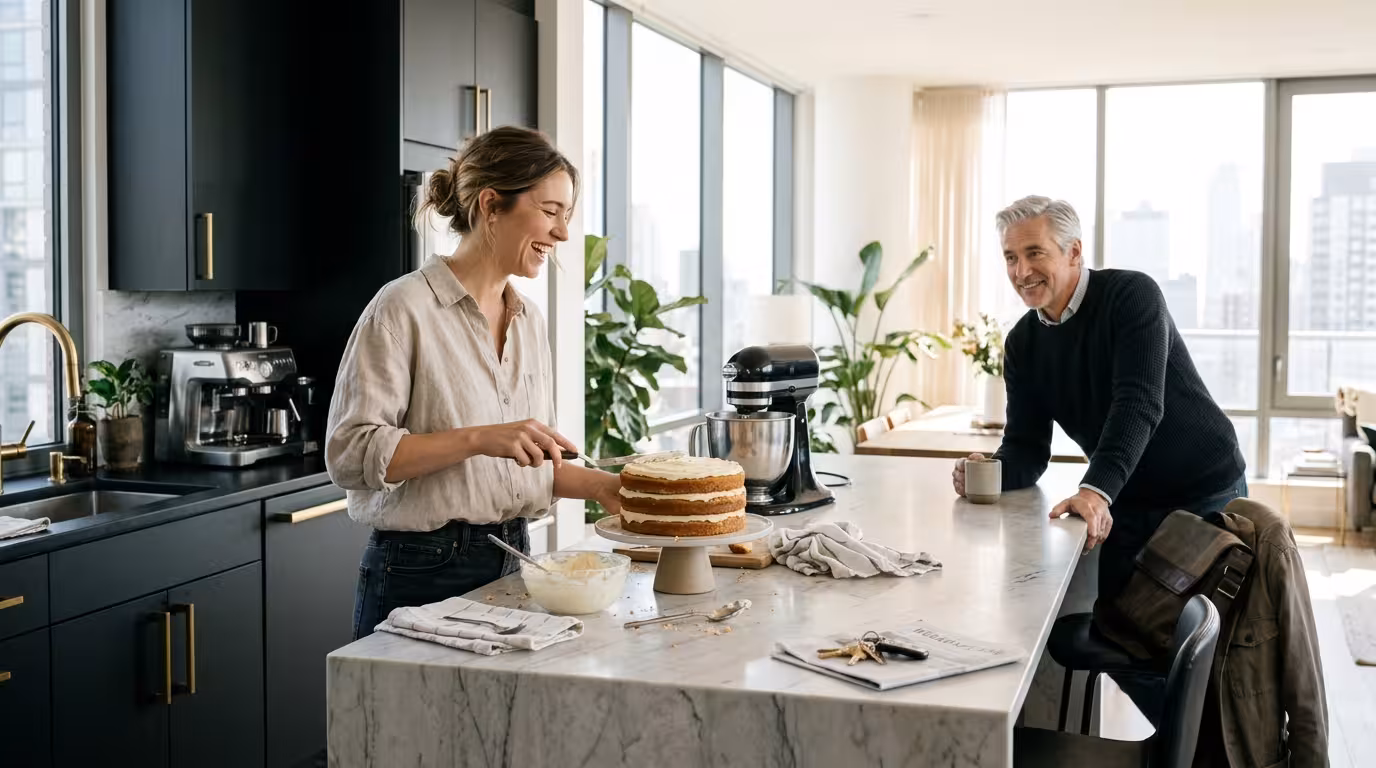 A young woman icing a homemade sponge cake in a modern kitchen while a mature man watches from the island