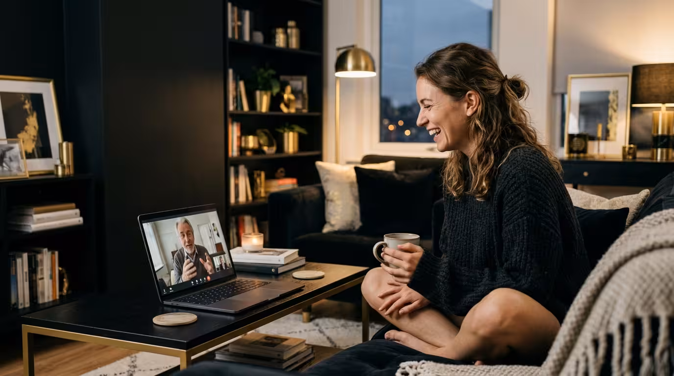 Elegancka młoda kobieta śmieje się podczas wideorozmowy na laptopie z siwym mężczyzną na ekranie